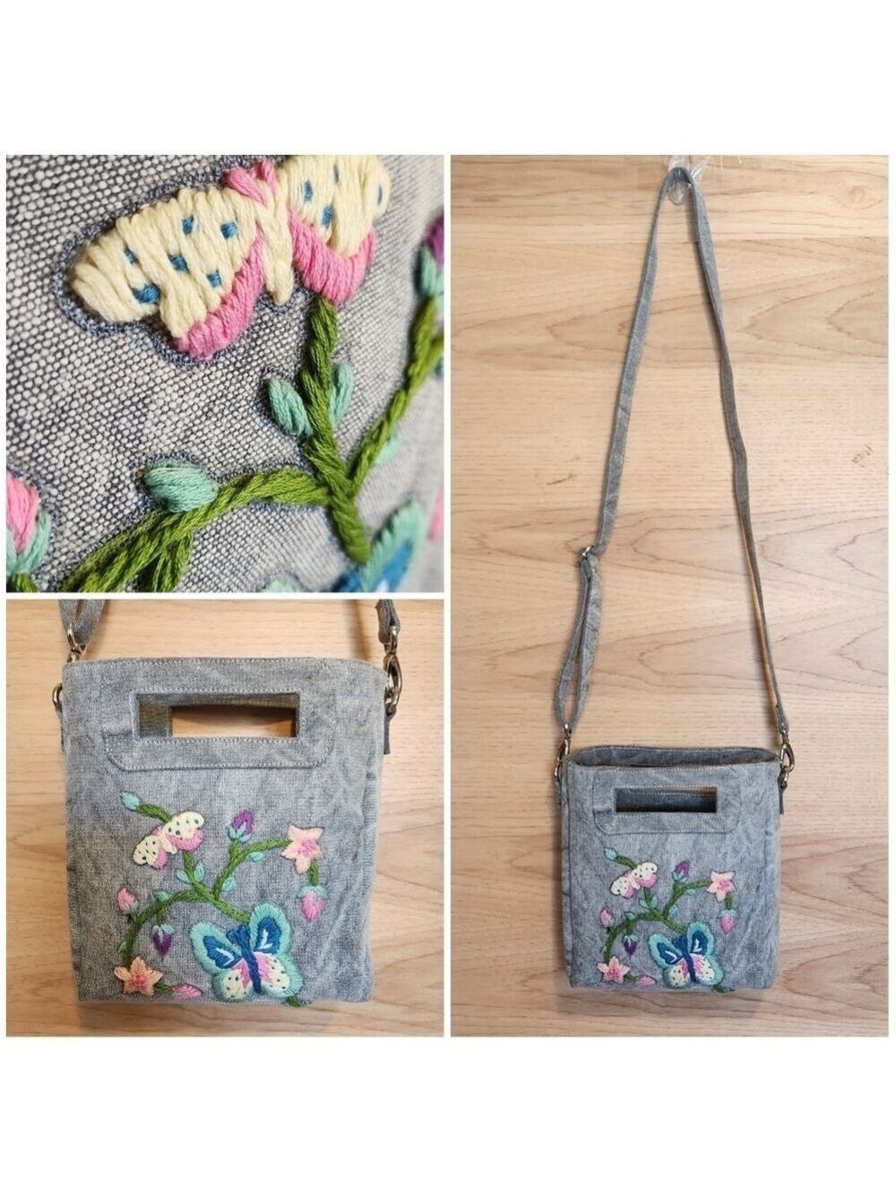 RAJ ANTHROPOLOGIE EMBROIDERED CROSSBODY SHOULDER REMOVABLE GRAY DENIM BAG NWOT - Picture 2 of 13